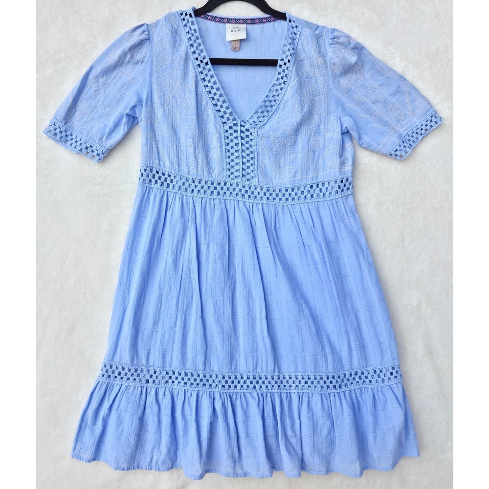 Knox Rose Women Embroidered Babydoll Dress S Blue Cotton Crochet Trim Mini